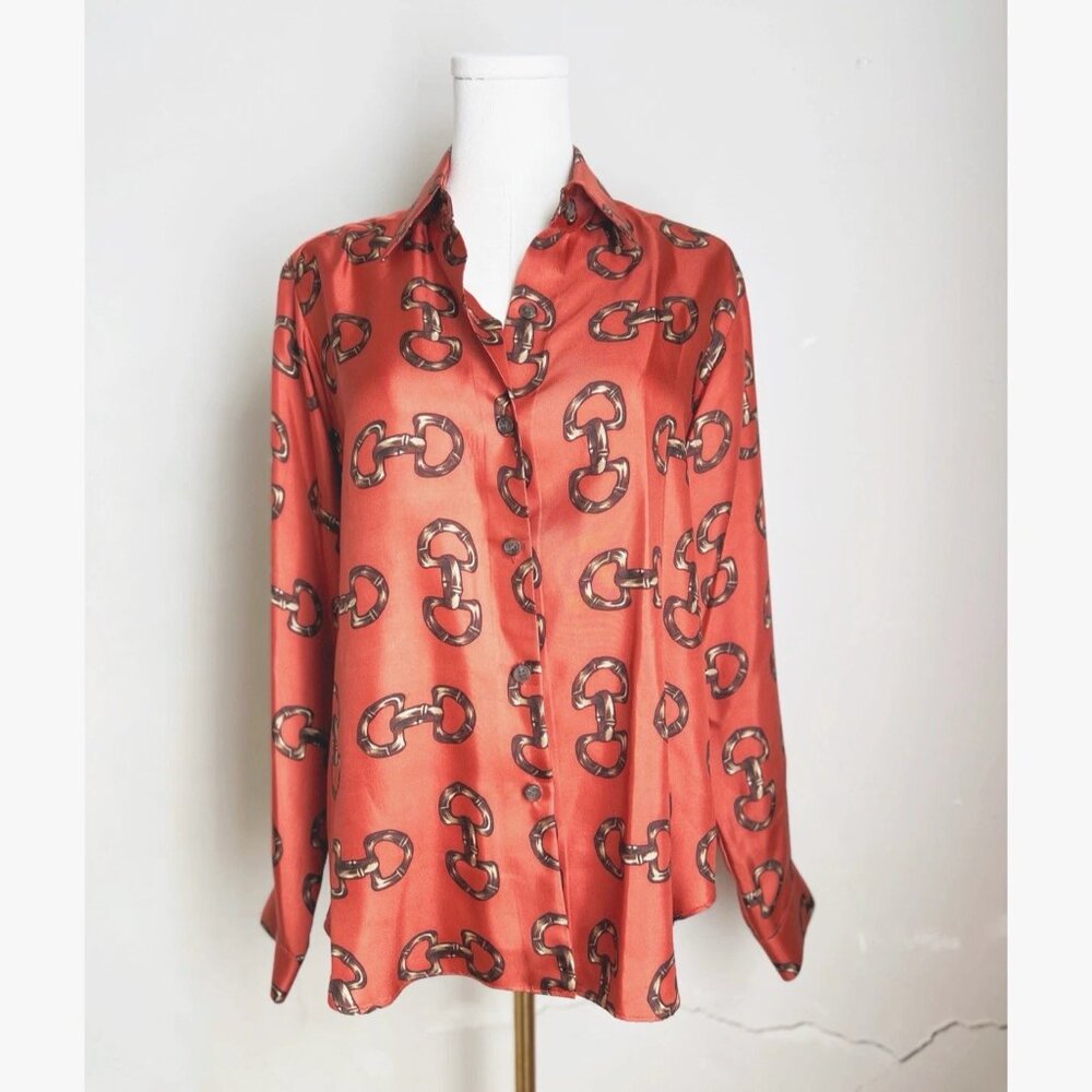 Vintage SKIRTIN AROUND Equestrian Print Top silk sz 14